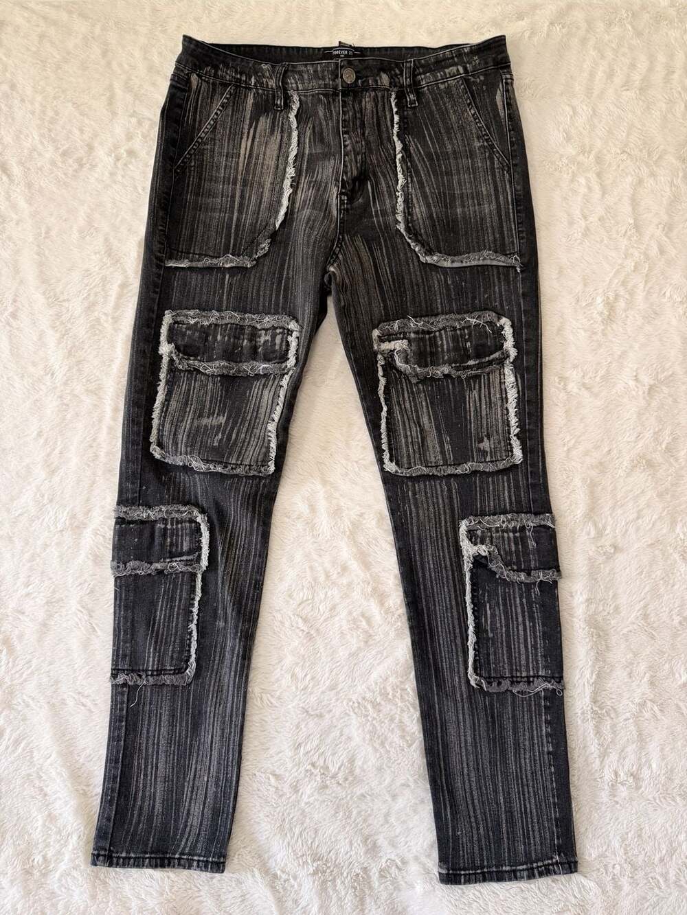 Forever 21 Men Washed Black Raw Edge Cargo Jeans Size 38